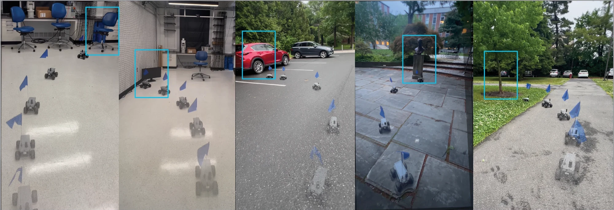 Five time-lapse composites of the rover approaching boxed targets: a blue chair and a monitor indoors, and a red car, a statue and a tree outdoors.