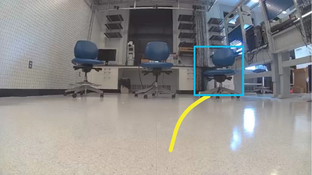 Robot camera view of three blue office chairs in front of white cabinets; the rightmost chair is boxed and the predicted path curves right toward it.